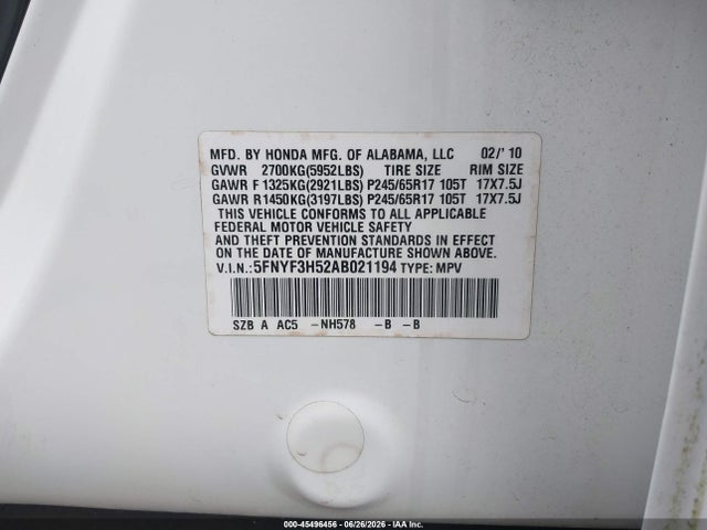 2010 Honda Pilot Ex-l მანქანა იყიდება აუქციონზე, vin: 5FNYF3H52AB021194, აუქციონის ნომერი: 45496456