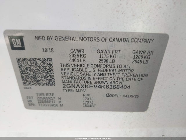 2019 Chevrolet Equinox Lt მანქანა იყიდება აუქციონზე, vin: 2GNAXKEV4K6168404, აუქციონის ნომერი: 45496462