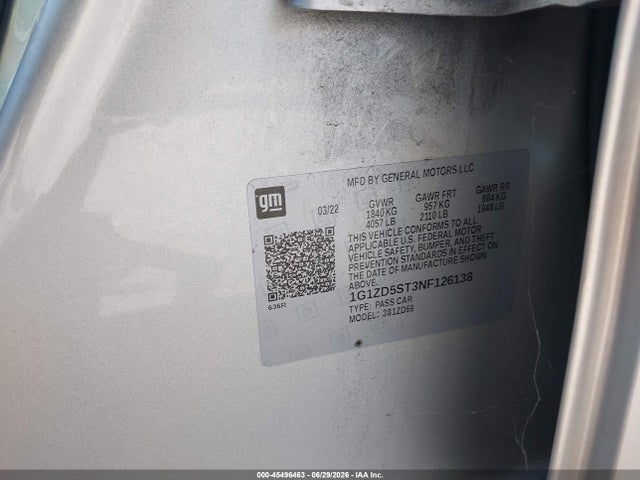 2022 Chevrolet Malibu Fwd Lt მანქანა იყიდება აუქციონზე, vin: 1G1ZD5ST3NF126138, აუქციონის ნომერი: 45496463