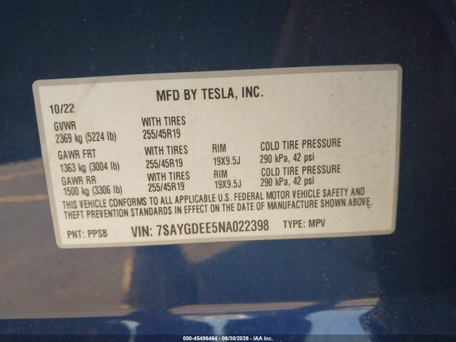 Продаж на аукціоні авто 2022 Tesla Model Y Long Range Dual Motor All-wheel Drive, vin: 7SAYGDEE5NA022398, номер лоту: 45496464