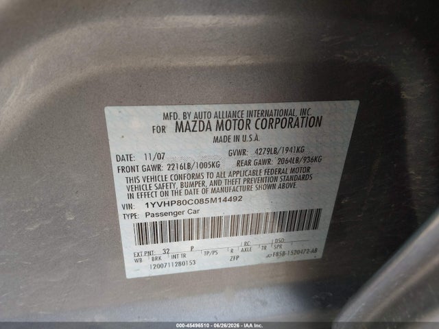 Продажа на аукционе авто 2008 Mazda Mazda6 I Sport Ve, vin: 1YVHP80C085M14492, номер лота: 45496510