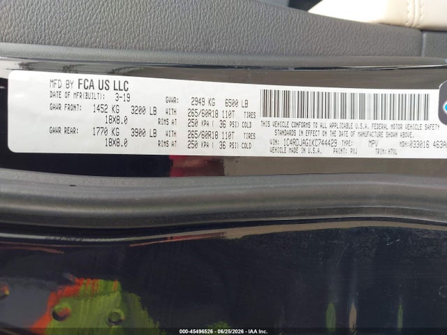 45496526 :رقم المزاد ، 1C4RDJAG1KC744429 vin ، 2019 Dodge Durango Sxt Awd مزاد بيع