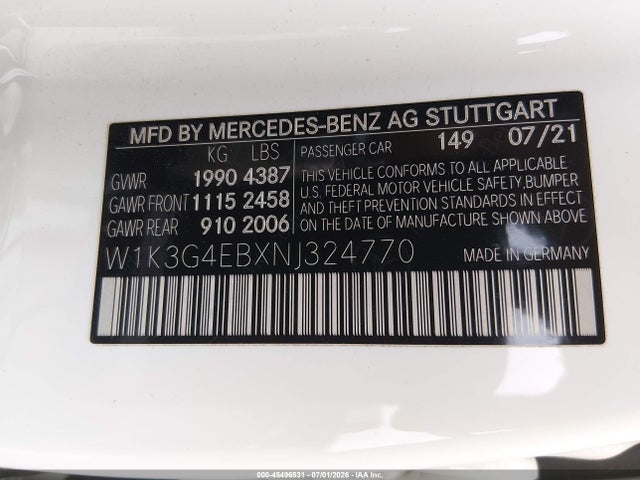 W1K3G4EBXNJ324770 Mercedes-Benz A 220