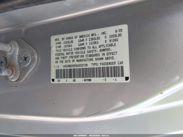 Aukcja sprzedaży 2006 Honda Accord 3.0 Ex, vin: 1HGCM82656A002106, numer aukcji: 45496541