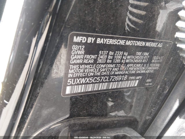 45496549 :رقم المزاد ، 5UXWX5C57CL726918 vin ، 2012 Bmw X3 Xdrive28i مزاد بيع