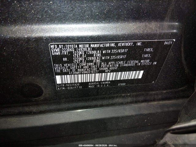 45496564 :رقم المزاد ، 4T3RWRFV8MU018227 vin ، 2021 Toyota Rav4 Hybrid Xle مزاد بيع