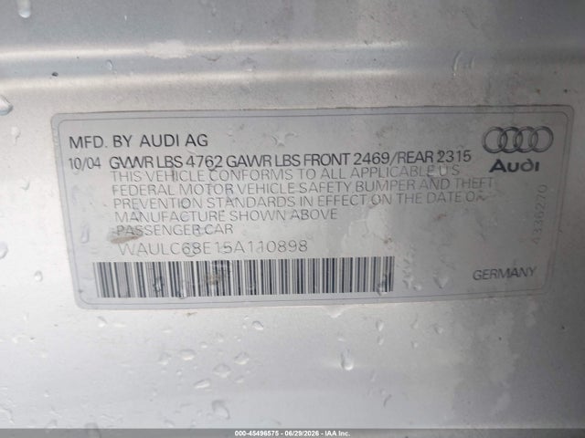 Aukcja sprzedaży 2005 Audi A4 1.8t Special Edition, vin: WAULC68E15A110898, numer aukcji: 45496575