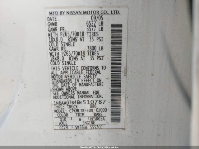 2006 Nissan Titan Se მანქანა იყიდება აუქციონზე, vin: 1N6AA07B46N510787, აუქციონის ნომერი: 45496578