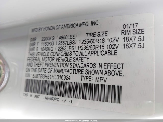 5J8TB3H51HL016924 Acura Rdx Technology Acurawatch Plus Packages/w/technology Package