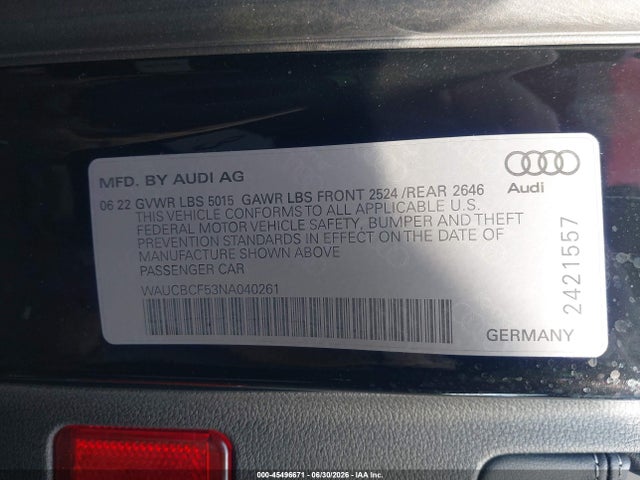 Aukcja sprzedaży 2022 Audi A5 Sportback Premium Plus 40 Tfsi Quattro S Tronic, vin: WAUCBCF53NA040261, numer aukcji: 45496671