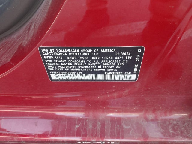 Продаж на аукціоні авто 2015 Volkswagen Passat 1.8t Wolfsburg Edition, vin: 1VWAT7A34FC021919, номер лоту: 45496694