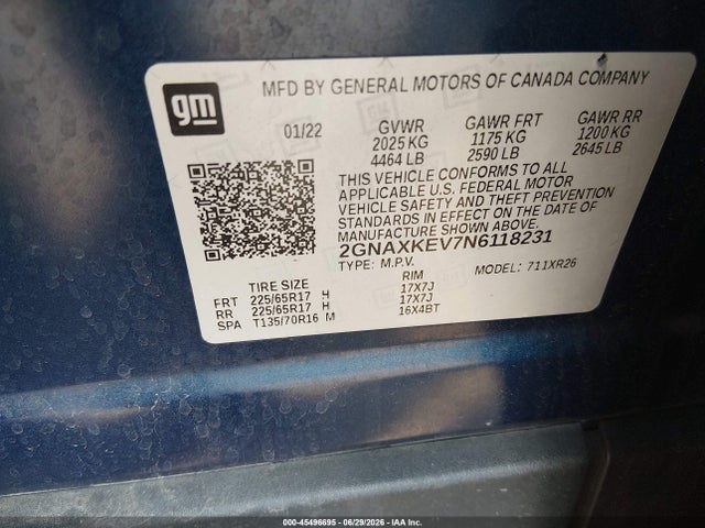 Aukcja sprzedaży 2022 Chevrolet Equinox Fwd Lt, vin: 2GNAXKEV7N6118231, numer aukcji: 45496695