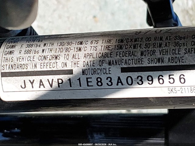 45496697 :رقم المزاد ، JYAVP11E83A039656 vin ، 2003 Yamaha Xvs1100 A مزاد بيع