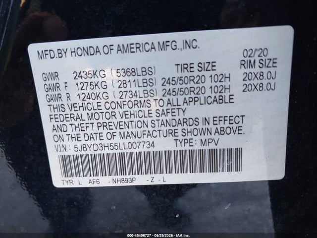 Aukcja sprzedaży 2020 Acura Mdx Technology Package, vin: 5J8YD3H55LL007734, numer aukcji: 45496727