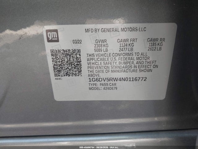 45496764 :رقم المزاد ، 1G6DV5RW4N0116772 vin ، 2022 Cadillac Ct5-v V-series مزاد بيع
