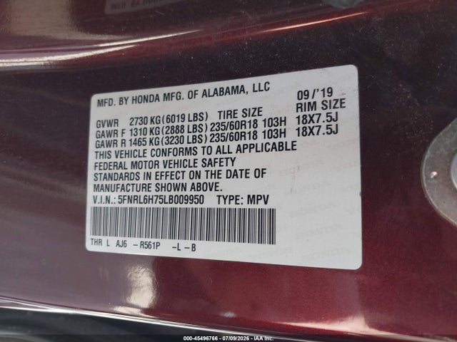 45496766 :رقم المزاد ، 5FNRL6H75LB009950 vin ، 2020 Honda Odyssey Ex-l/ex-l W/navi   Res مزاد بيع