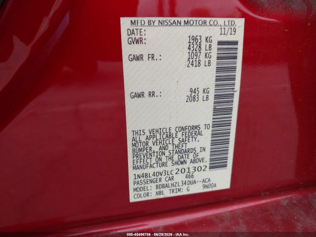 1N4BL4DV3LC201302 Nissan Altima Sv Fwd