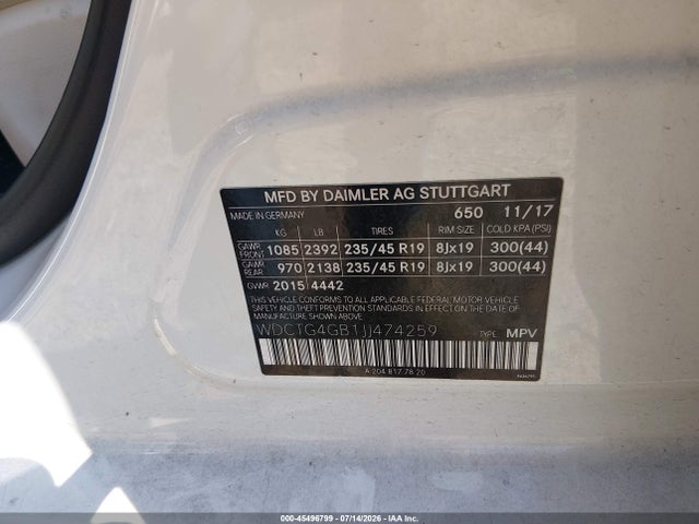 45496799 :رقم المزاد ، WDCTG4GB1JJ474259 vin ، 2018 Mercedes-benz Gla 250 4matic مزاد بيع