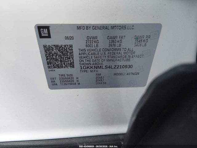 45496809 :رقم المزاد ، 1GKKNMLS4LZ210930 vin ، 2020 Gmc Acadia Fwd Slt مزاد بيع