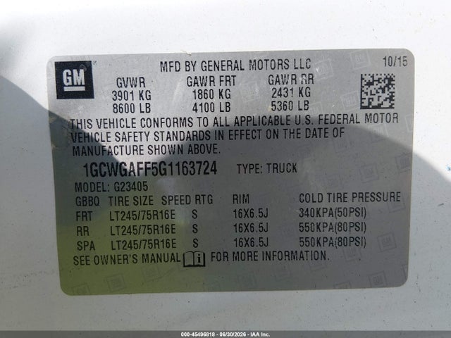 2016 Chevrolet Express 2500 Work Van მანქანა იყიდება აუქციონზე, vin: 1GCWGAFF5G1163724, აუქციონის ნომერი: 45496818