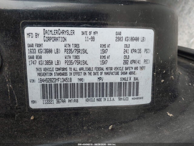 Продажа на аукционе авто 2000 Dodge Durango, vin: 1B4HS28Z3YF134518, номер лота: 45496819