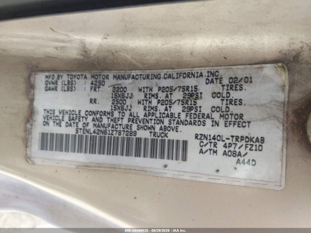 45496825 :رقم المزاد ، 5TENL42N61Z787289 vin ، 2001 Toyota Tacoma مزاد بيع