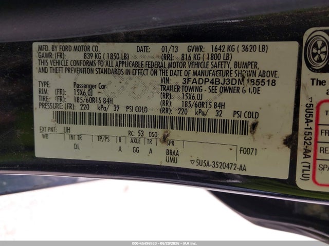 45496860 :رقم المزاد ، 3FADP4BJ3DM185518 vin ، 2013 Ford Fiesta Se مزاد بيع