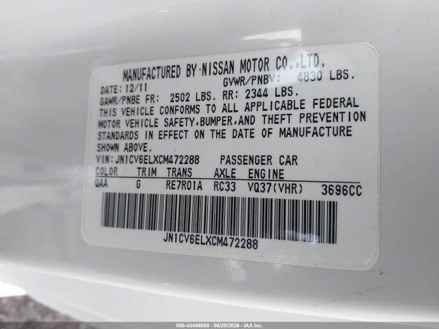 Продажа на аукционе авто 2012 Infiniti G37x, vin: JN1CV6ELXCM472288, номер лота: 45496869