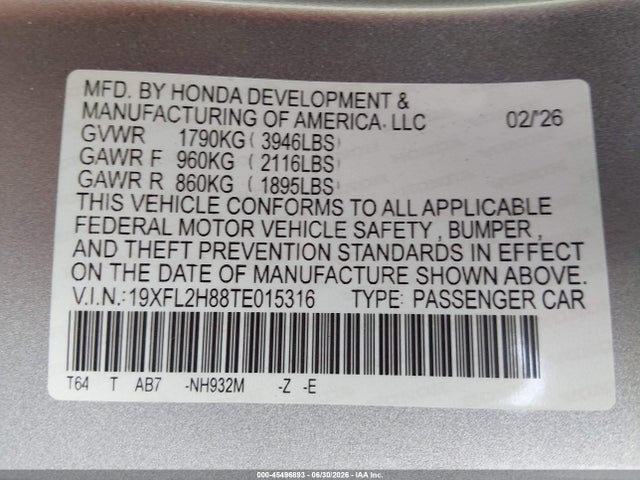 19XFL2H88TE015316 Honda Civic Sport