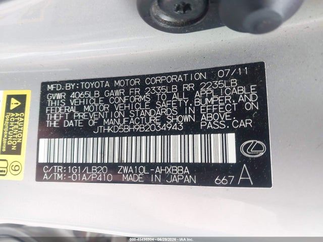Aukcja sprzedaży 2011 Lexus Ct 200h Premium, vin: JTHKD5BH9B2034943, numer aukcji: 45496904