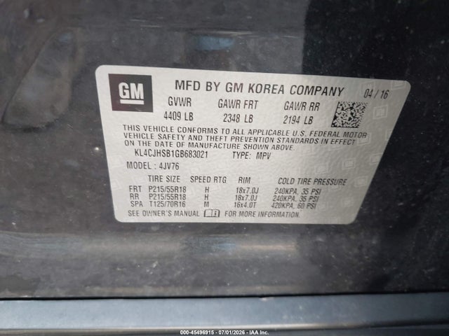 Aukcja sprzedaży 2016 Buick Encore Premium, vin: KL4CJHSB1GB683021, numer aukcji: 45496915