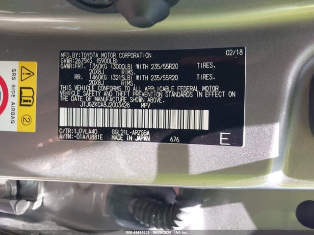 Aukcja sprzedaży 2018 Lexus Rx 350l Luxury, vin: JTJGZKCA8J2003428, numer aukcji: 45496926