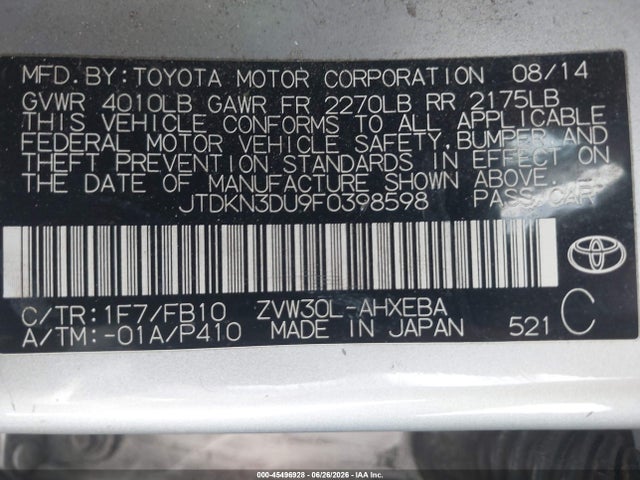 Aukcja sprzedaży 2015 Toyota Prius Three, vin: JTDKN3DU9F0398598, numer aukcji: 45496928