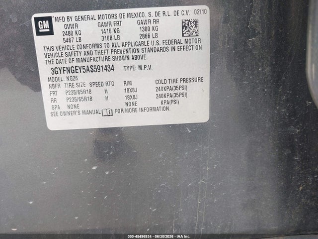 45496934 :رقم المزاد ، 3GYFNGEY5AS591434 vin ، 2010 Cadillac Srx Standard مزاد بيع