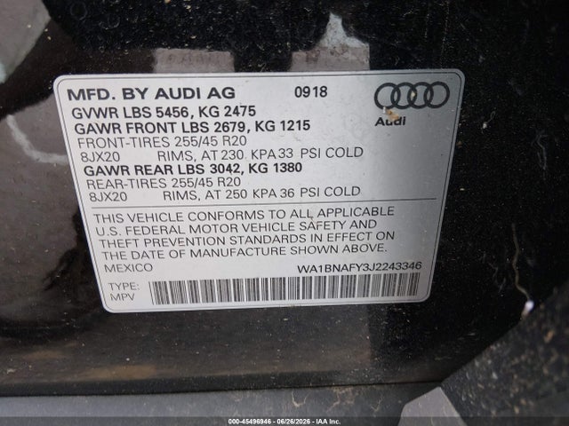 Продажа на аукционе авто 2018 Audi Q5 2.0t Premium/2.0t Tech Premium, vin: WA1BNAFY3J2243346, номер лота: 45496946