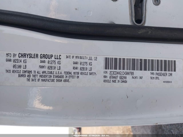 45496969 :رقم المزاد ، 2C3CDXHG1CH300789 vin ، 2012 Dodge Charger Sxt مزاد بيع
