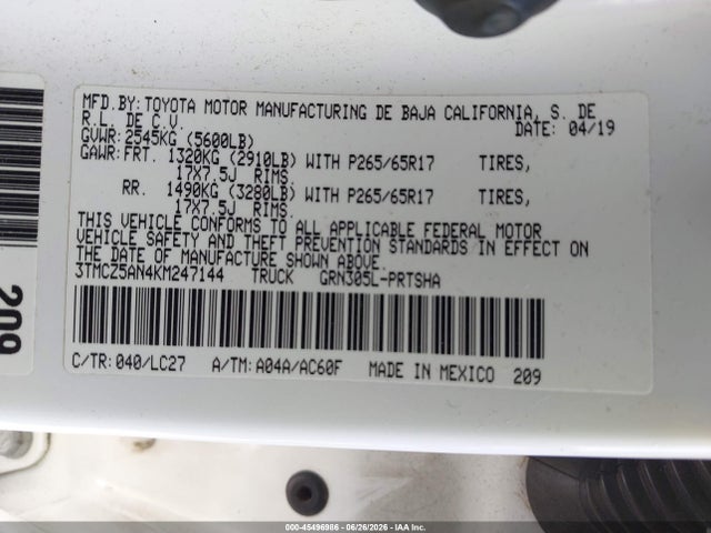 Продажа на аукционе авто 2019 Toyota Tacoma, vin: 3TMCZ5AN4KM247144, номер лота: 45496986