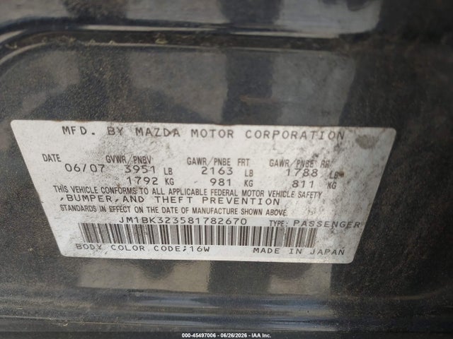 Продаж на аукціоні авто 2008 Mazda Mazda3 S Touring, vin: JM1BK323581782670, номер лоту: 45497006