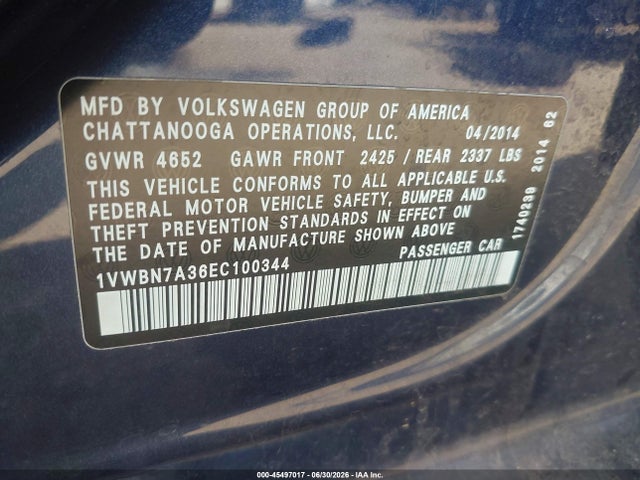 2014 Volkswagen Passat 2.0l Tdi Se მანქანა იყიდება აუქციონზე, vin: 1VWBN7A36EC100344, აუქციონის ნომერი: 45497017