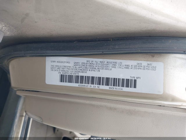 Aukcja sprzedaży 2008 Subaru Outback (natl) I/ll Bean W/nav/ll Bean W/nav/vdc, vin: 4S4BP61C487309775, numer aukcji: 45497033