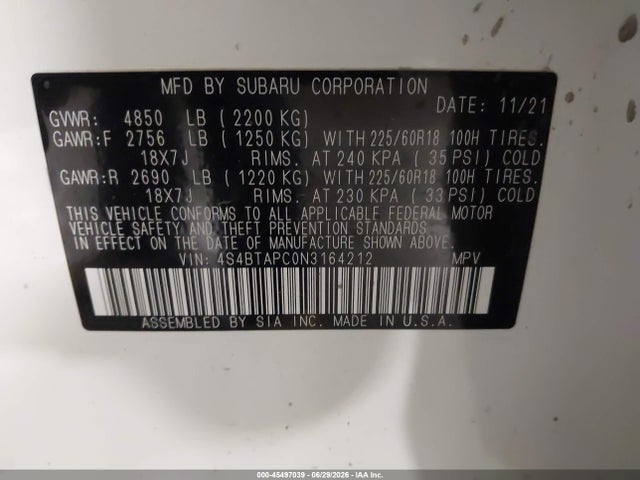Aukcja sprzedaży 2022 Subaru Outback Touring, vin: 4S4BTAPC0N3164212, numer aukcji: 45497039