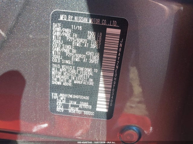 Aukcja sprzedaży 2017 Nissan Armada Platinum, vin: JN8AY2NE0H9703400, numer aukcji: 45497048