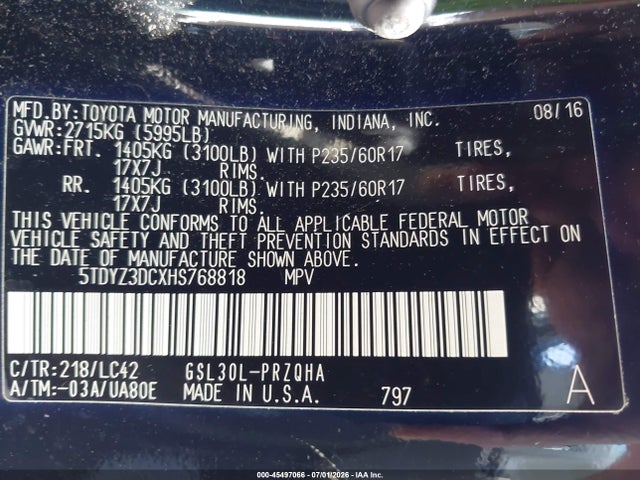 Продажа на аукционе авто 2017 Toyota Sienna Xle 8 Passenger, vin: 5TDYZ3DCXHS768818, номер лота: 45497066