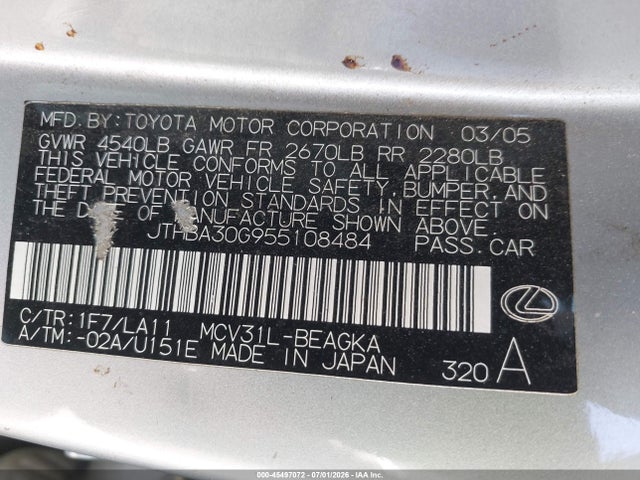 Продаж на аукціоні авто 2005 Lexus Es 330, vin: JTHBA30G955108484, номер лоту: 45497072