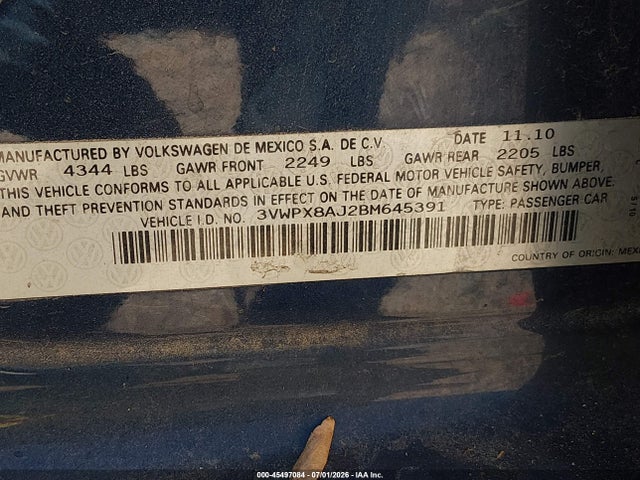 45497084 :رقم المزاد ، 3VWPX8AJ2BM645391 vin ، 2011 Volkswagen Jetta Sportwagen 2.5l S مزاد بيع