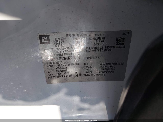 Aukcja sprzedaży 2017 Gmc Acadia Slt-1, vin: 1GKKNMLS9HZ285596, numer aukcji: 45497096