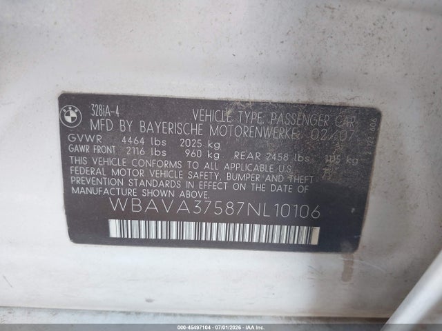 45497104 :رقم المزاد ، WBAVA37587NL10106 vin ، 2007 Bmw 328i مزاد بيع