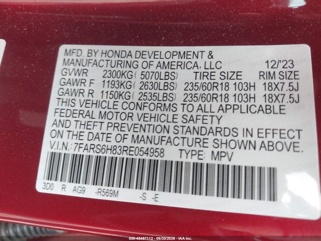 7FARS6H83RE054958 Honda Cr-v Hybrid Sport-l