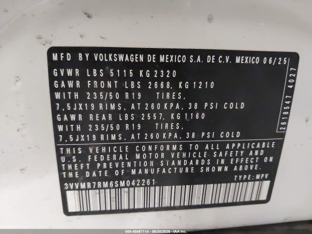 45497114 :رقم المزاد ، 3VVMR7RM6SM042261 vin ، 2025 Volkswagen Tiguan 2.0t Se مزاد بيع