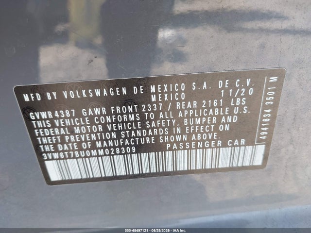 2021 Volkswagen Jetta Gli 2.0t Autobahn/2.0t S მანქანა იყიდება აუქციონზე, vin: 3VW6T7BU0MM028309, აუქციონის ნომერი: 45497121